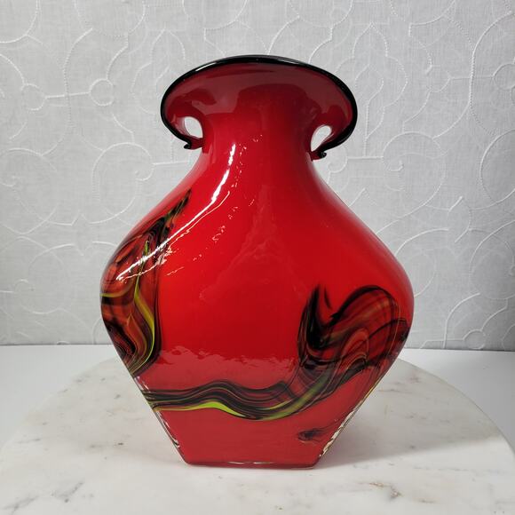 Vintage Hand Blown Art Glass Vase 10"‎ Red Abstract Swirl Flared Rim - Picture 5 of 13